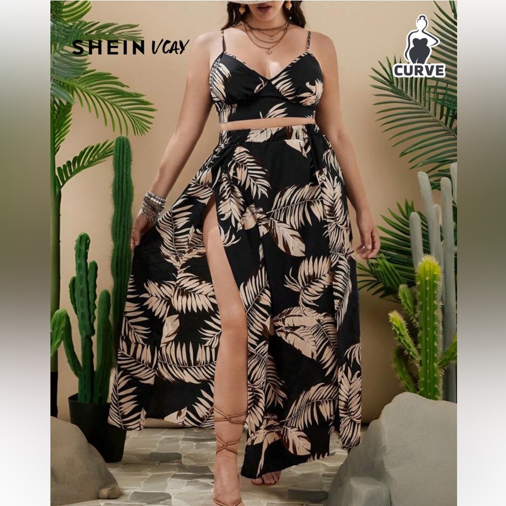 SHEIN Black and Cream Tropical Maxi Dress